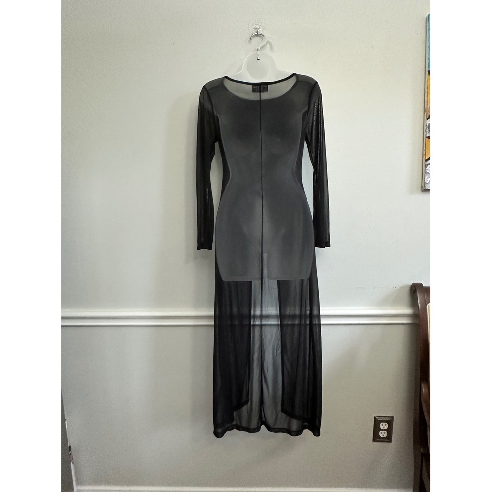 Street Code Black Sheer Mesh Maxi Dress Long Sleeve Front Slit Made in USA - Picture 3 of 7